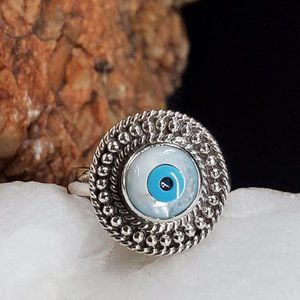 Sterling Silver Ring 925 Evil Eye Protective Designer Mother Of Pearl